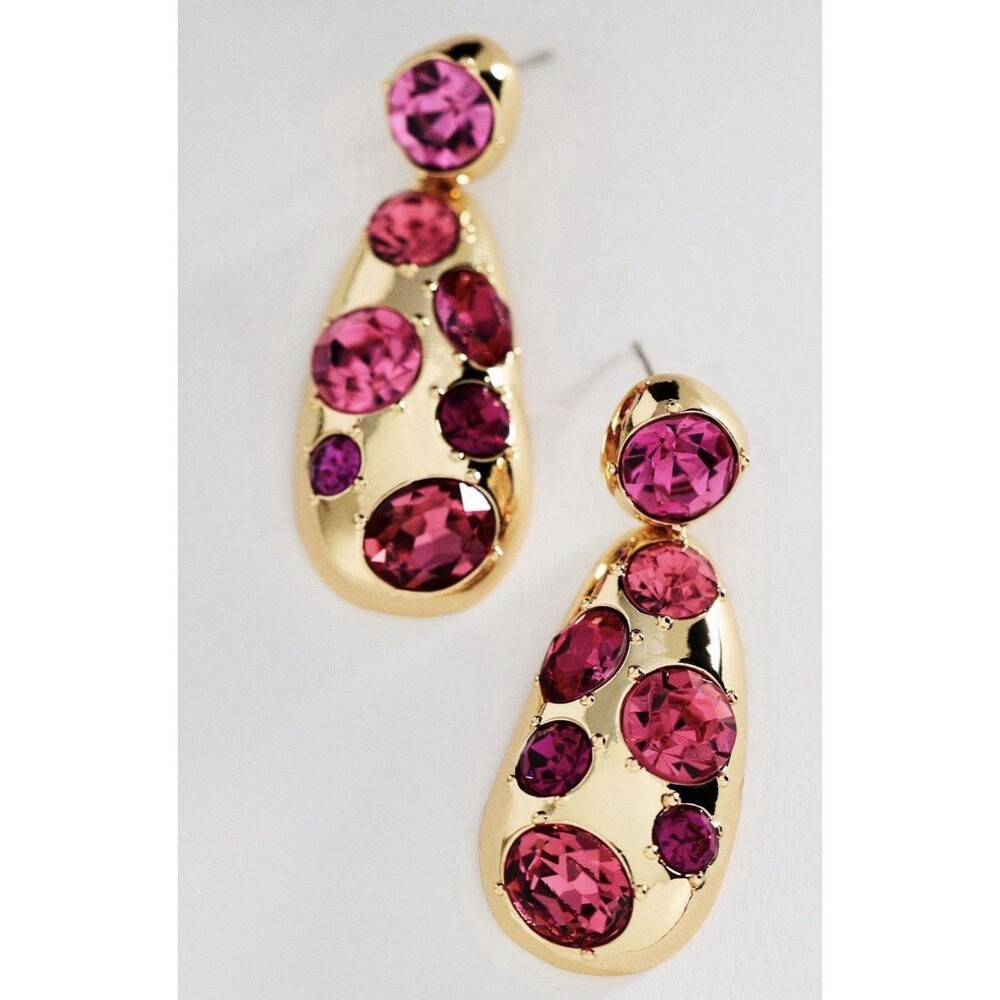 Anthropologie Drop Earrings Pink Crystal Cluster Preppy Retro Boho Resort NWT